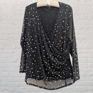 Rebel Wilson V-Neck Mesh Wrap Top Black and white Polka Dot 1X